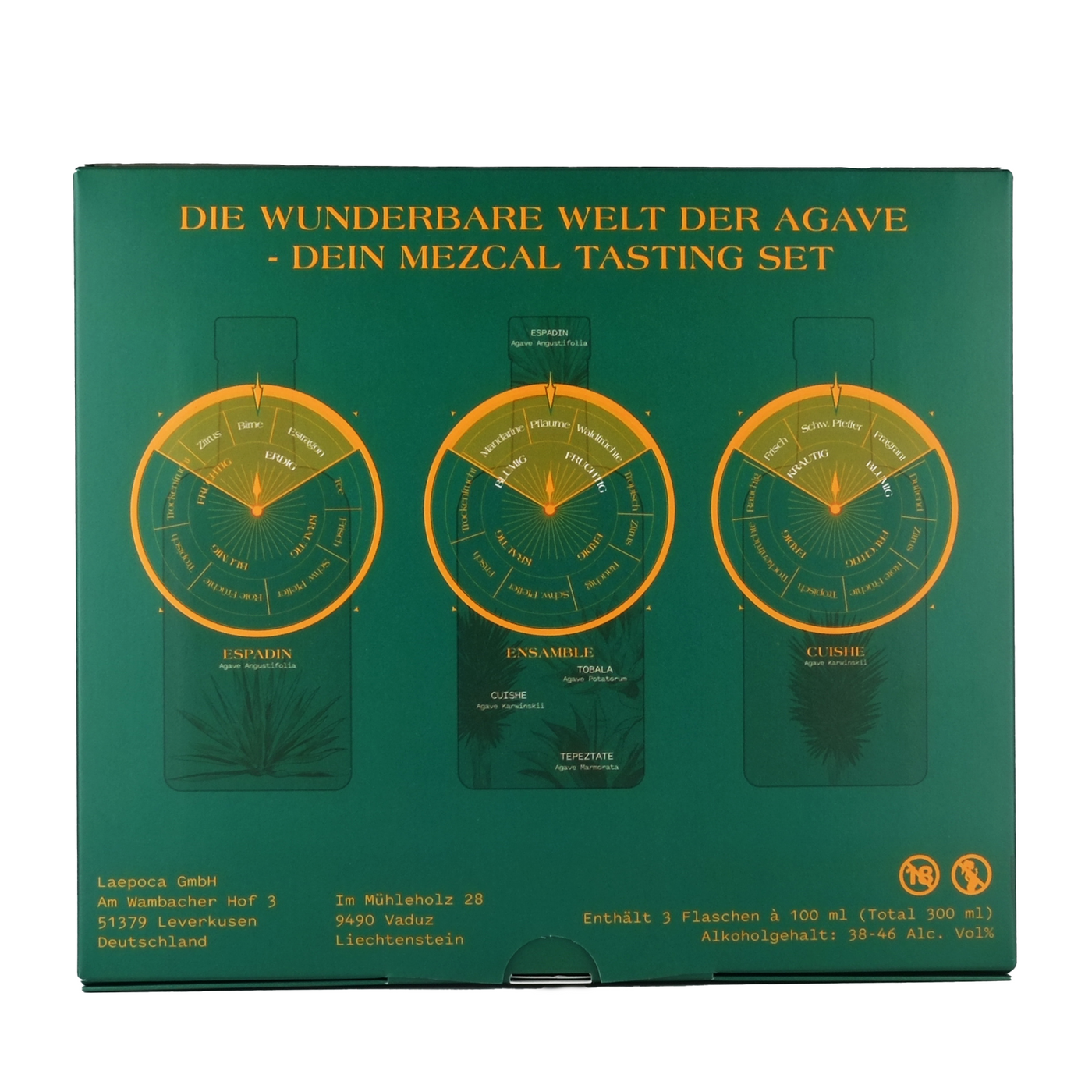 LÆPOCA Mezcal Premium Tasting-Set | Von Mexiko in die Alpen | Handgefertigt | Joven & Artesanal | 3 x 100 ml | Espadin 38% vol. | Ensamble 46% vol. | Cuishe 46% vol.